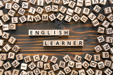 English learner - phrase from wooden blocks with letters, student  english learner concept, random...