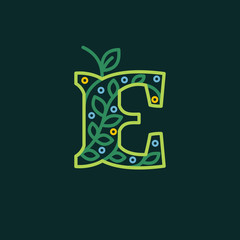 Elegant linear letter E eco ornate logotype.