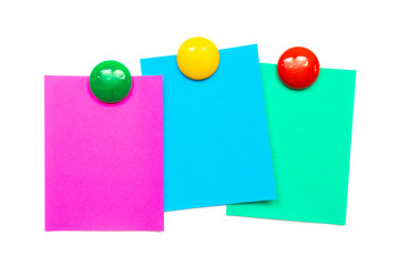 Empty colorful paper sheet with magnetic on white background surface. Copy space for add text or art work designs.