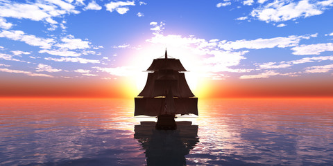 Naklejka na ściany i meble old ship sunset at sea