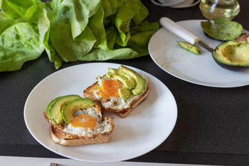 Toast with avocado and fried egg. Healthy breakfast.