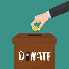 Buisness man hand putting gold coin in donation box on green backgound. vector illustration in flat style.