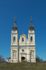 Ukrainian Greek Catholic Church of the Nativity of Blessed Virgin Mary in Krynytsya, Ternopil Oblast, Ukraine, GPS 49.05364, 25.10779. Stone religious building of Christian Cathedral.