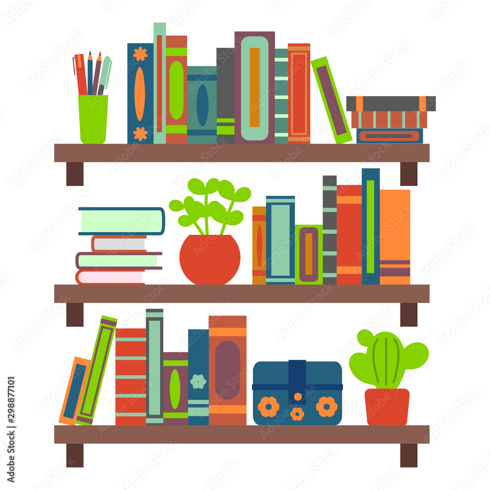 Sticker Cartoon Color Different Brown Bookshelves on a Wall. Vector