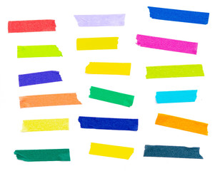 Collection of colorful adhesive tape pieces different size isolated on white background.