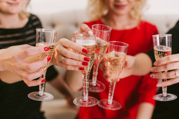 Celebration. Hands holding the glasses of champagne and wine making a toast. The party, wedding, celebration, alcohol, lifestyle, friendship, holiday, christmas, new, year and clinking concept.