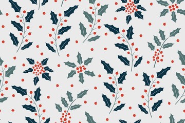New year pattern With Holly Berry. Vector Background. Christmas seamless pattern for greeting cards, wrapping papers. Hand drawn illustration.