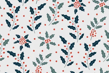 Peel and stick wall murals Christmas motifs New year pattern With Holly Berry. Vector Background. Christmas seamless pattern for greeting cards, wrapping papers. Hand drawn illustration.