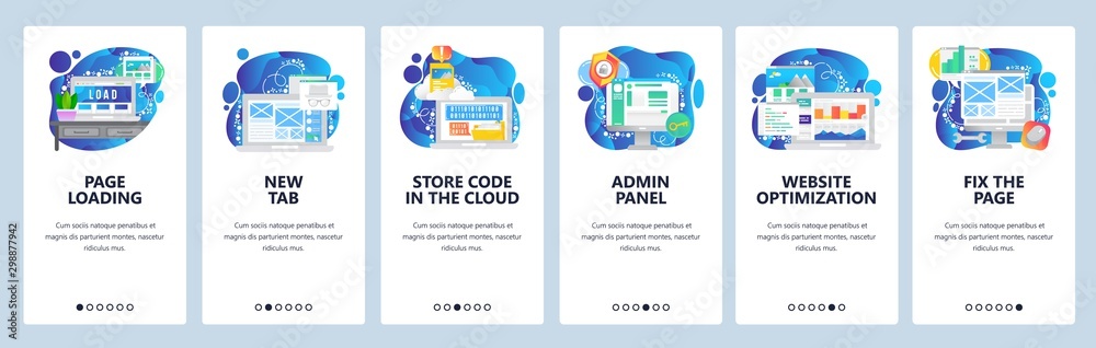 Poster mobile app onboarding screens. cloud storage service, page loading, web development and optimization
