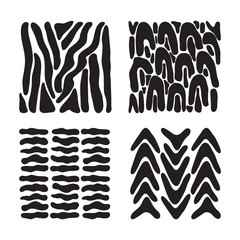 Set of abstract seamless pattern in vector. Animal and geometric print. Wildlife zebra texture, tiger skin stripes and leopard spots. Background painted with brush. Handdrawn black and white