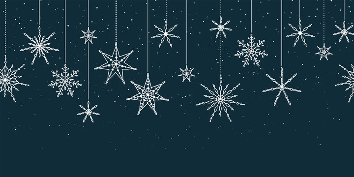 Elegant Snowflakes horizontal seamless pattern, hand drawn stars - great for textiles, wallpapers, invitations, banners - vector surface design