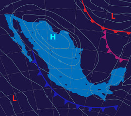 Mexico.Weather map of the Mexico. Meteorological forecast on a dark background. Realistic and Editable synoptic map of the country showing isobars and weather fronts. Vector illustration. EPS 10 - obrazy, fototapety, plakaty