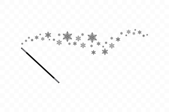 Magic wand with a snowflakes. Trace of black dust. Magic abstract background isolated on on transparent background. Miracle and magic. Vector illustration flat design.