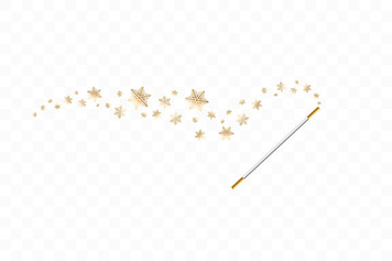 Magic wand with a snowflakes on transparent background. Trace of gold dust. Magic abstract background isolated. Miracle and magic. Vector illustration flat design