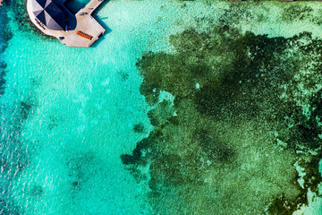 Aerial view, lagoon of a Maldives island with corals from above, South Male Atoll, Maldives