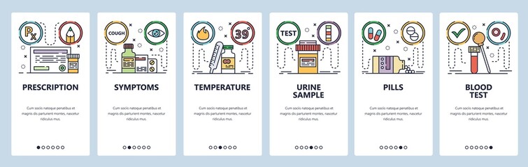 Mobile app onboarding screens. Blood and urine test samples, prescription drugs, pills vial, health. Menu vector banner template for website and mobile development. Web site design flat illustration © skypicsstudio