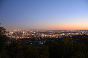 Los Angeles city lights after sunset.