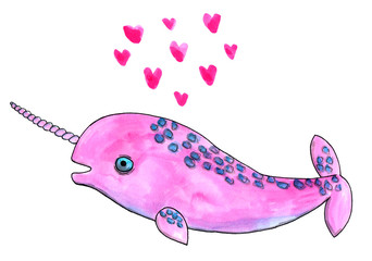  Watercolor sketch of a pink narwhal and romantic hearts in a childish funny style