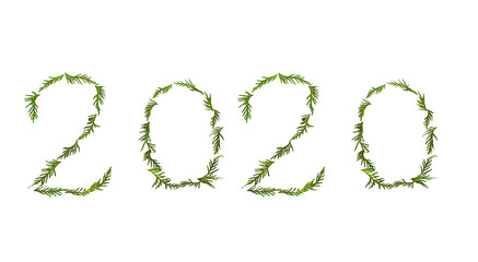 Symbol of the new year from Christmas cones and branches, holiday numbers isolated on white background