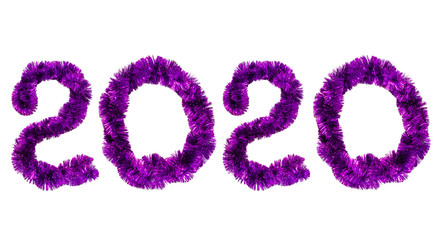 Symbol of the New Year from Christmas tinsel, holiday numbers isolated on white background.