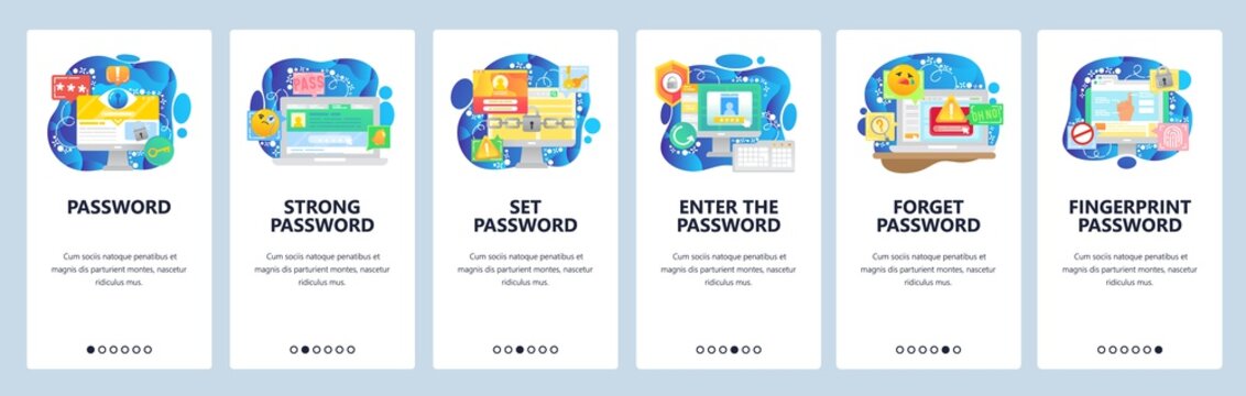 Mobile app onboarding screens. Password protection, computer cyber security, secure access, fingerprint technology. Vector banner template for website and mobile development. Web site illustration