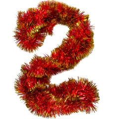 Symbol of the New Year from Christmas tinsel, holiday numbers isolated on white background.