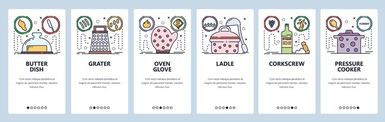 Mobile app onboarding screens. Kitchen appliances and cooking stuff. Menu vector banner template for website and mobile development. Web site design flat illustration