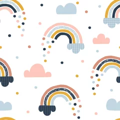 Vlies Fototapete Skandinavischer Stil Nahtloses abstraktes Muster mit handgezeichneten Regenbögen, Regentropfen und Wolken. Kreativer skandinavischer kindlicher Hintergrund für Stoff, Verpackung, Textilien, Tapeten, Kleidung. Vektor-Illustration