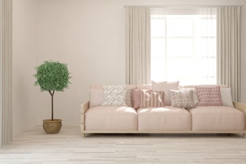 Stylish room in white color with sofa. Scandinavian interior design. 3D illustration