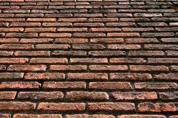 Closeup pattern of old and grunge red brick wall