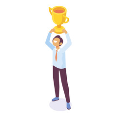 Success. Happy Businessman holding  golden cup over his head.  Winner. Achievement. Isometric characters isolated on white.