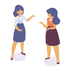 Isometric women standing and having conversation. Talking. Business people team. Disscussing new idea. Coworkers. Vector isolated isometric characters.