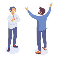 Isometric business men have conversation. Talking. Disscussing. Vector isolated characters.