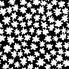 Simple monochrome flowers seamless pattern on black background.