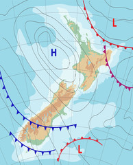 Weather map of the New Zealand.Meteorological forecast. Topography map. Editable vector illustration of a generic weather map showing isobars and weather fronts. EPS 10 - obrazy, fototapety, plakaty