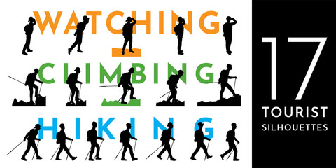 Set of vector isolated editable silhouettes. Travel concept of discovering, exploring and observing nature, hiking and traveling. The guy watches the nature, climbs to the top of the mountain
