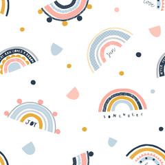 Seamless childish pattern with trendy rainbows. Creative scandinavian gender-neutral kids background for fabric, wrapping, textile, wallpaper, apparel. Vector illustration