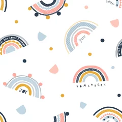 Deurstickers Regenboog Naadloos kinderachtig patroon met trendy regenbogen. Creatieve Scandinavische genderneutrale kinderachtergrond voor stof, verpakking, textiel, behang, kleding. vector illustratie