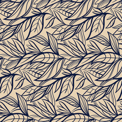 Abstract tangled leaves seamless pattern. Black and white wavy striped background. Endless backdrop. Vector illustration