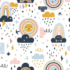 Dekokissen Nahtloses süßes Muster mit handgezeichneten Regenbögen, Regentropfen, Wolkensonne und Martlets. Kreativer skandinavischer kindlicher Hintergrund für Stoff, Verpackung, Textilien, Tapeten, Kleidung. Vektor-Illustration © AngellozOlga