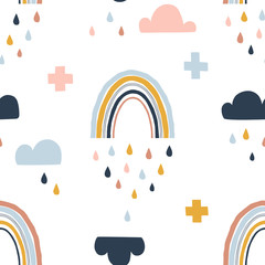 Nahtloses abstraktes Muster mit handgezeichneten Regenbögen, Regentropfen, Wolken und Kreuz. Kreativer skandinavischer kindlicher Hintergrund für Stoff, Verpackung, Textilien, Tapeten, Kleidung. Vektor-Illustration