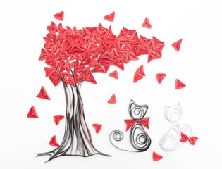 Modern quilling tree with flowers and a cat on a white background, handmade