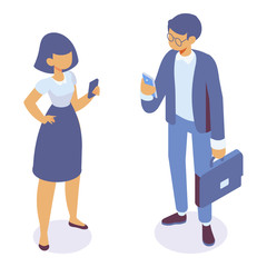 Isometric man and woman standing with phone. Vector isolated isometric character.