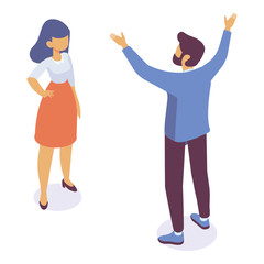 Isometric man and woman standing and having conversation. Talking. Business people team. Disscussing new idea. Coworkers. Vector isolated isometric characters.