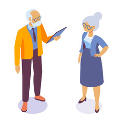 Isometric elderly business man and woman standing and having conversation. Talking. Business people team. Disscussing new idea. Coworkers. Vector isolated isometric characters.