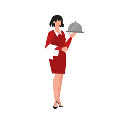 Waitress standing with a dish. Restaurant staff in the uniform