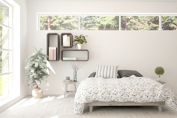 Stylish bedroom in white color. Scandinavian interior design. 3D illustration