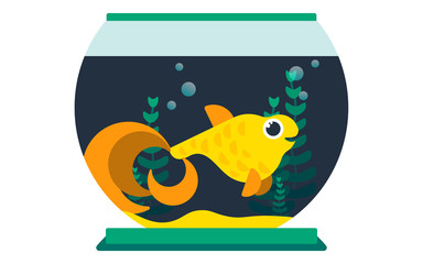 Goldfish in a fishbowl, isolated flat vector illustration