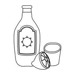 mexican tequila bottle and cup with lemon