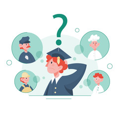 Choosing profession steps. Boy think about career.